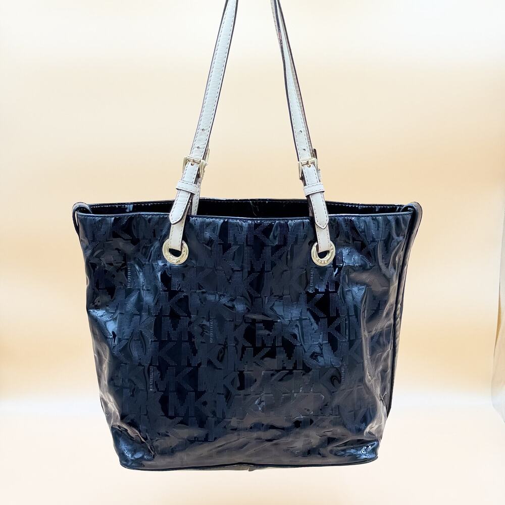 Michael Kors Black Patent MK Logo Tote Shoulder Bag White Leather Straps